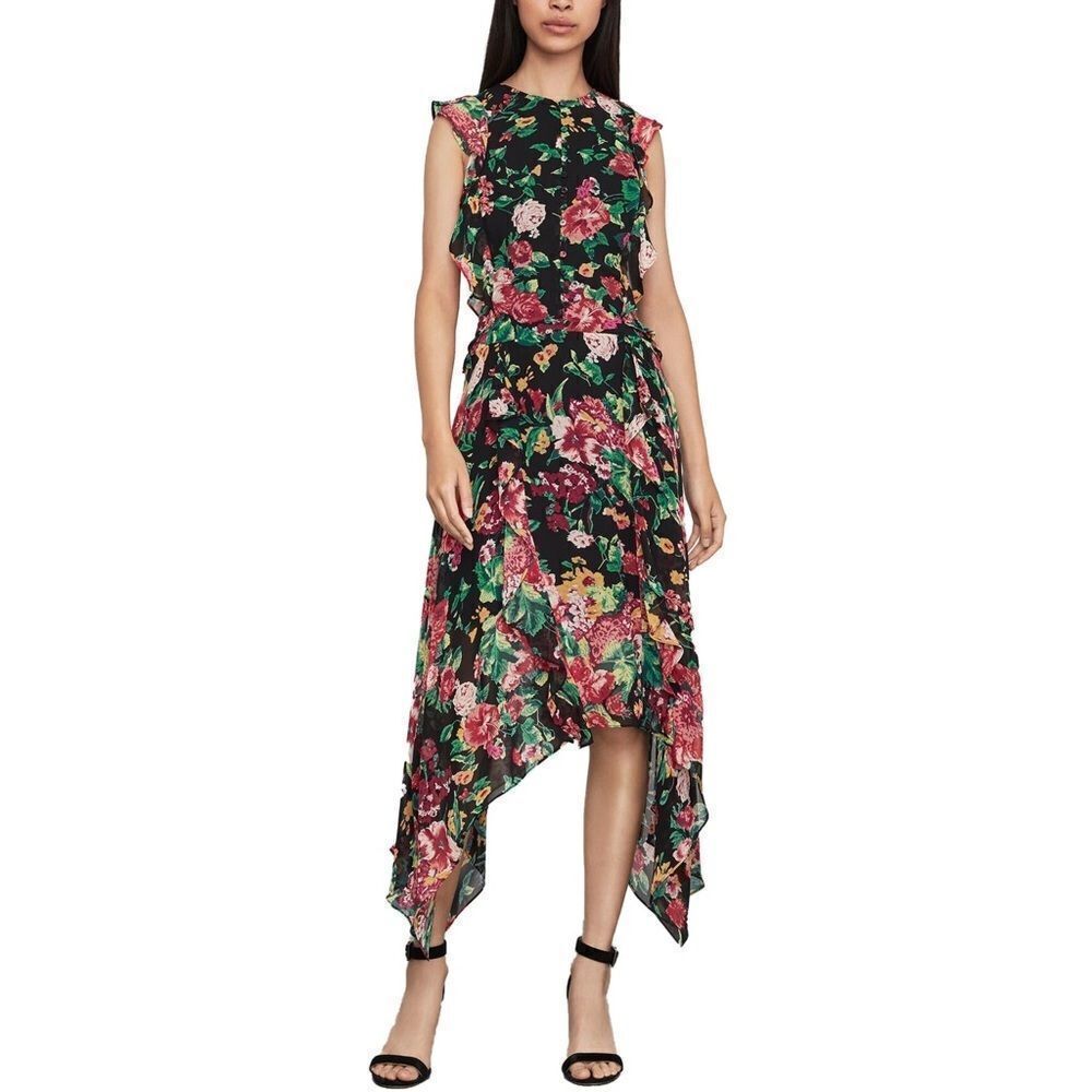 BCBGMAXAZRIA Sleeveless Floral Ruffled Asymmetrical Cocktail Dress 2